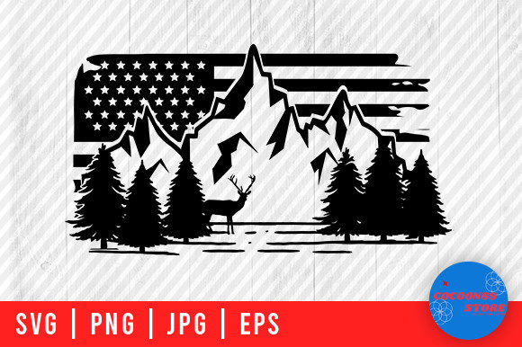 American Flag Mountain and Deer Svg